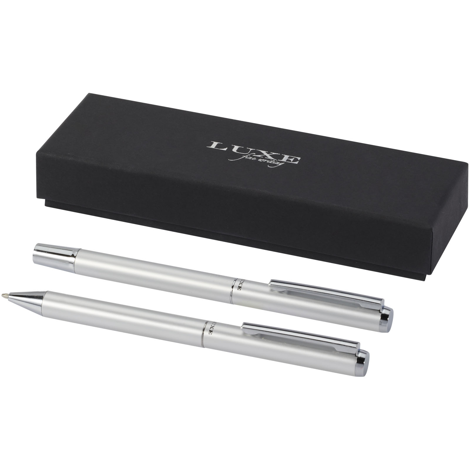 Lucetto presentförpackning med kulspetspenna och rollerballpenna i återvunnen aluminium (svart bläck