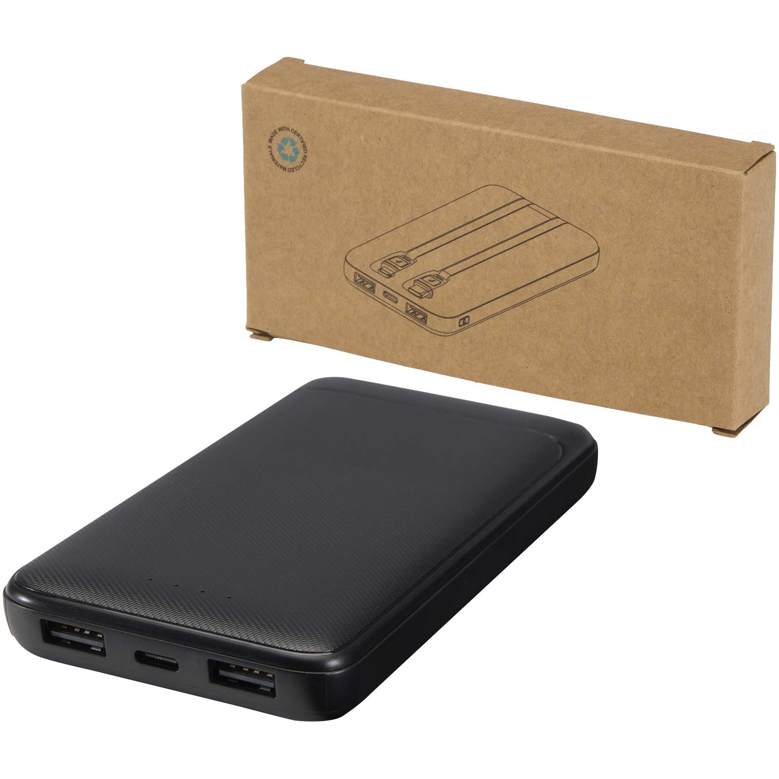 Adhil 10 000 mAh 10 W powerbank av återvunnen plast med två inbyggda kablar